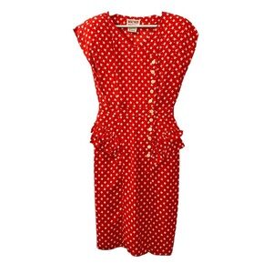 Maggy London by Jeannene Booher Midi Dress 100% Silk Red White Ruffles Vintage